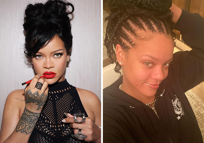 Rihanna mostrando el contraste entre fotos con maquillaje y sin maquillaje, ejemplo de celebridades sin maquillaje.