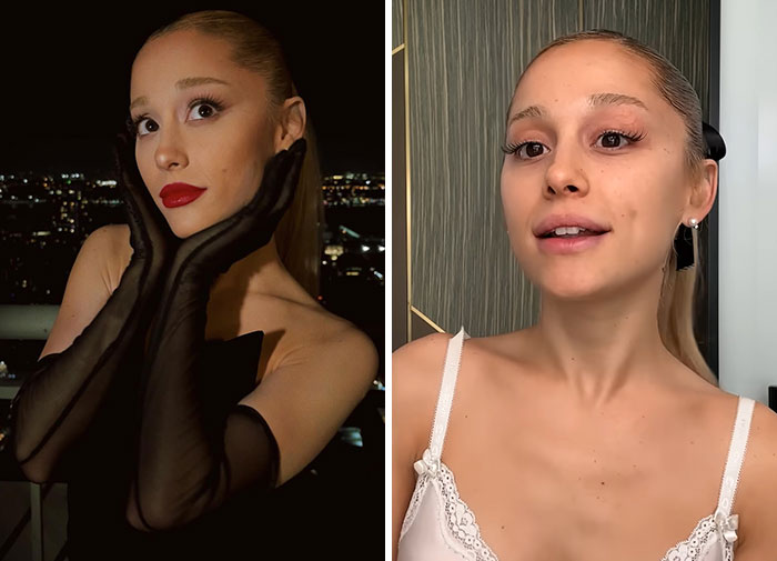 Celebridad posando con maquillaje y sin maquillaje mostrando su aspecto natural sin cosméticos en imágenes comparativas.