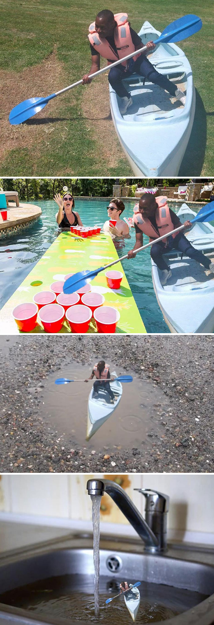 Hombre con chaleco salvavidas photoshopeado en un kayak en tierra, piscina, charco pequeño y un lavabo, resultado divertido.