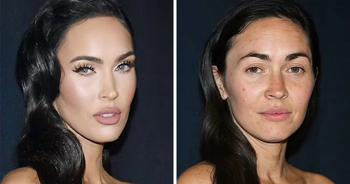 Comparación lado a lado de una mujer hermosa de Hollywood con y sin maquillaje, mostrando belleza natural sin procedimiento cosmético.