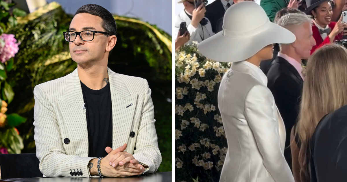 Hombre con gafas y chaqueta a rayas frente a mujer con sombrero blanco gigante en momentos incu00f3modos de la Gala Met 2025.