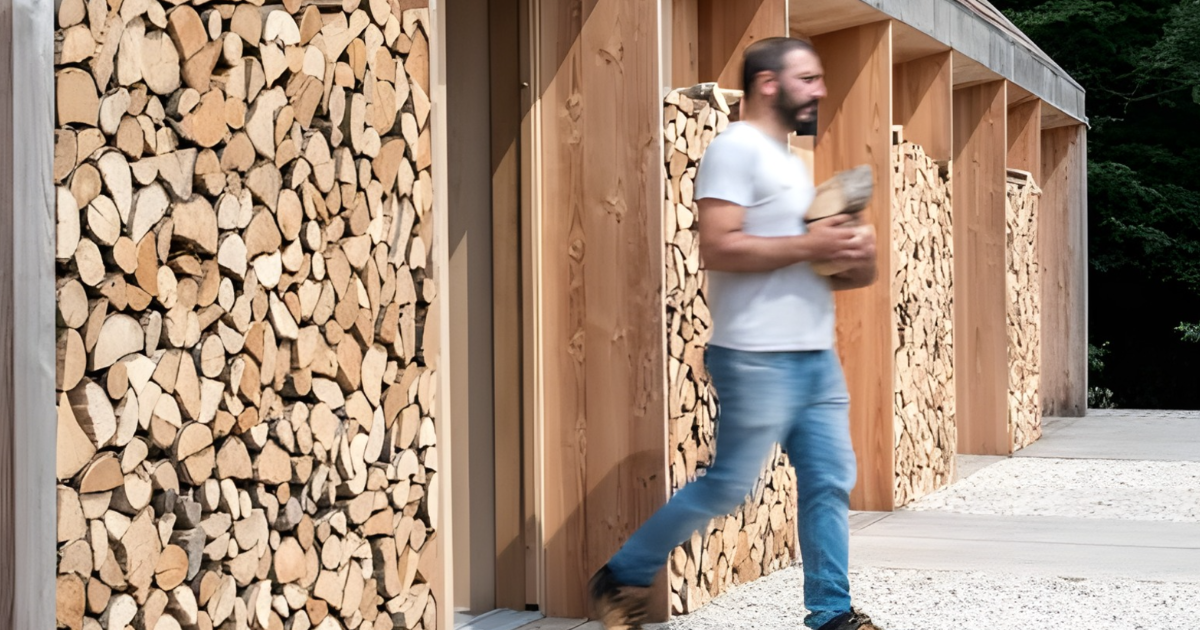 Hombre cargando leu00f1a frente a estructura de madera que muestra habilidades y proyectos en madera bien organizados.
