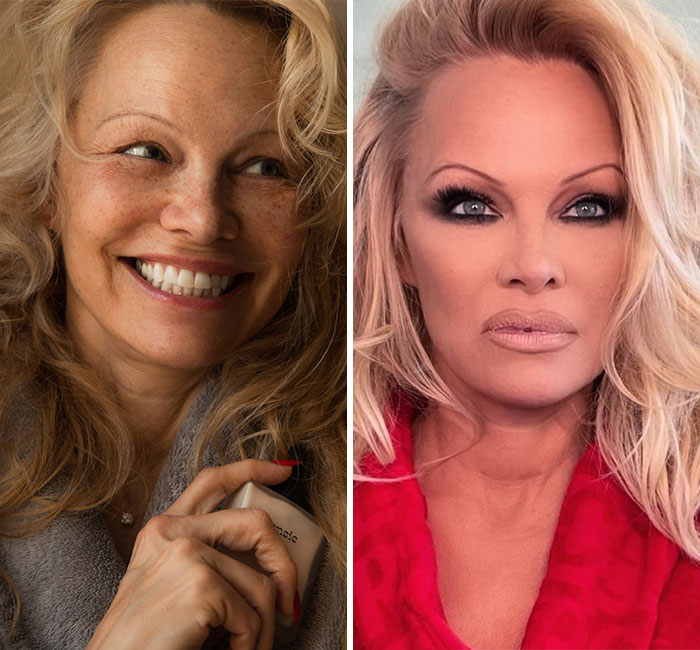 Pamela Anderson mostrando transformación de look natural a estilo glamuroso de los 90 con maquillaje destacado.
