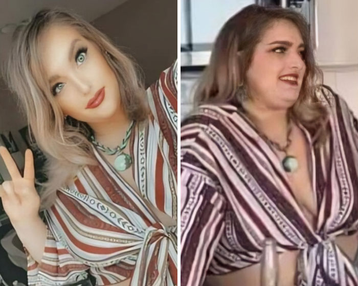 Mujer mostrando la diferencia entre Instagram VS realidad con el mismo atuendo y expresiones contrastantes en dos imágenes.