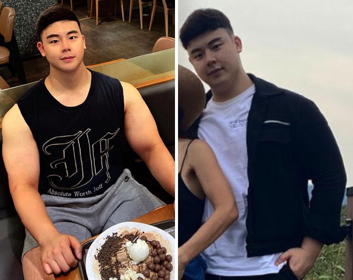 Hombre joven mostrando diferencia entre Instagram vs realidad en dos fotos comparativas de apariencia física.
