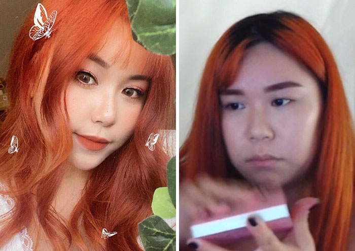 Comparación Instagram VS realidad con mujer pelirroja mostrando diferencia entre foto retocada y sin filtro.