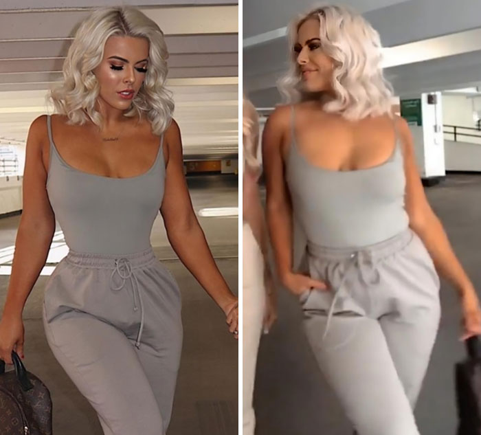 Mujer posando en fotos de Instagram vs realidad mostrando diferencias de imagen y estilo en un estacionamiento.