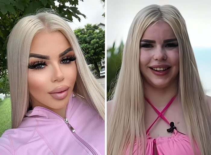 Comparación Instagram VS realidad de mujer rubia con maquillaje y sin maquillaje mostrando diferencia tras fotos.