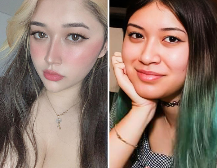 Comparación Instagram VS Realidad con dos fotos de una mujer mostrando diferencias entre imagen editada y natural.