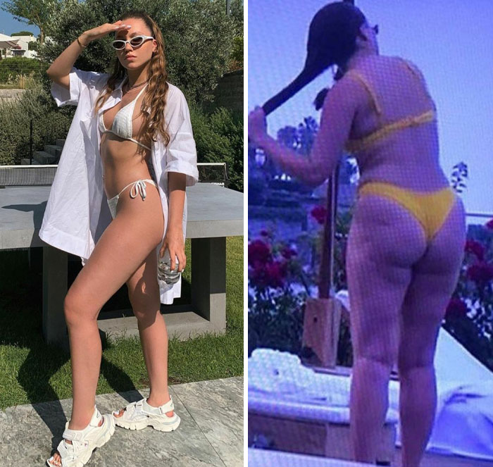 Mujer en bikini posando para foto perfecta frente a realidad natural en imagen dividida sobre Instagram VS realidad.