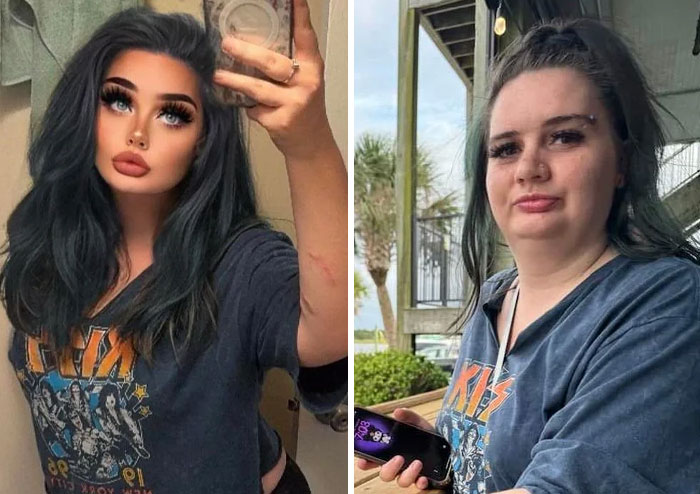 Comparación Instagram VS realidad de mujer con camiseta gris, mostrando la diferencia entre foto editada y natural al aire libre.
