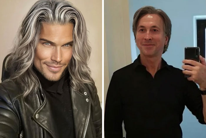 Hombre con cabello largo y estilizado frente a hombre con cabello natural tomándose selfie, mostrando Instagram VS realidad.