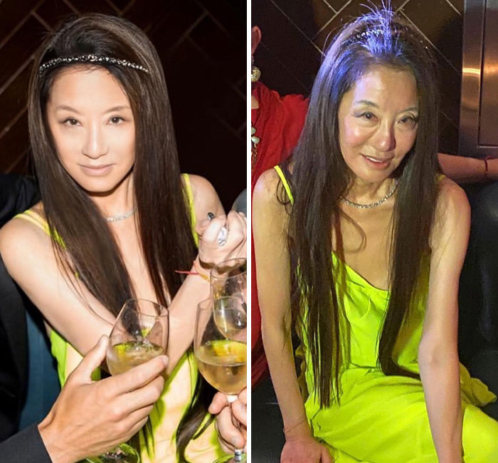 Mujer en vestido amarillo en comparación de Instagram vs realidad mostrando la diferencia tras las fotos.