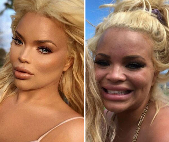 Mujer rubia en comparación de Instagram vs realidad mostrando diferencias en maquillaje y expresión facial al aire libre.