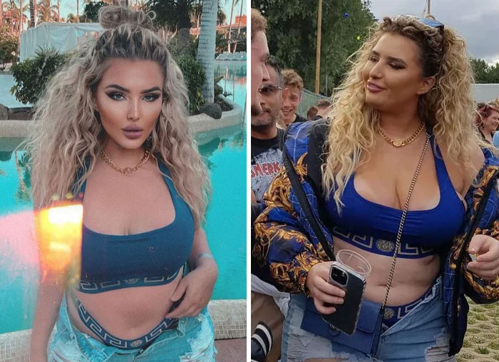 Mujer posando junto a piscina con ropa azul versus misma mujer en evento casual mostrando realidad tras fotos de Instagram.