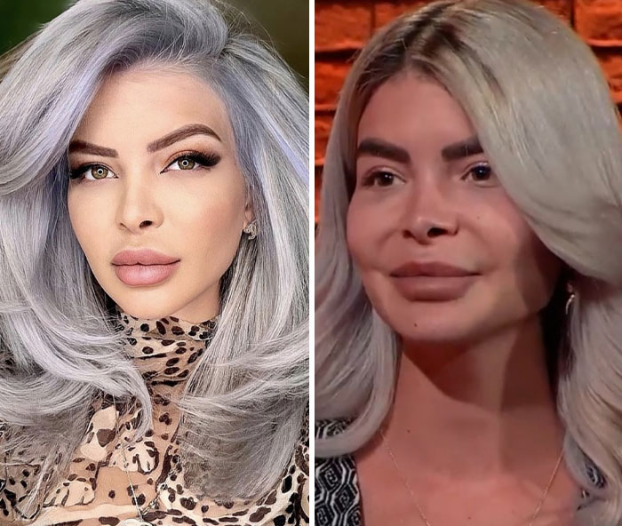 Comparación Instagram VS realidad de una mujer con cabello gris, mostrando diferencia entre foto editada y sin filtro.