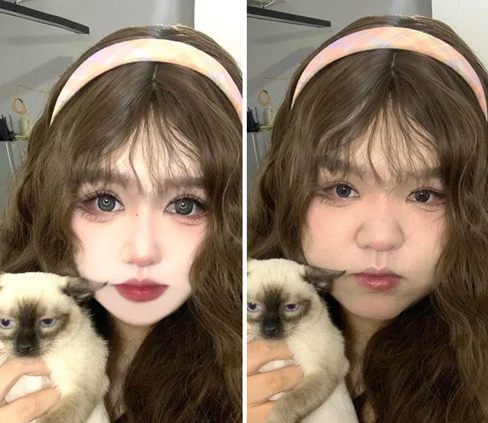 Comparación Instagram VS realidad de una mujer con filtro y sin filtro sosteniendo un gato en interiores.