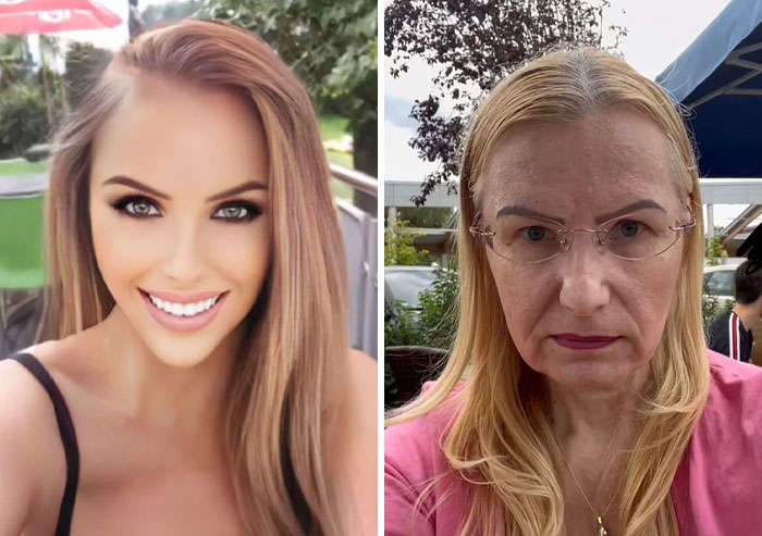 Comparación de Instagram VS Realidad mostrando diferencia entre foto editada y aspecto natural de una mujer adulta.