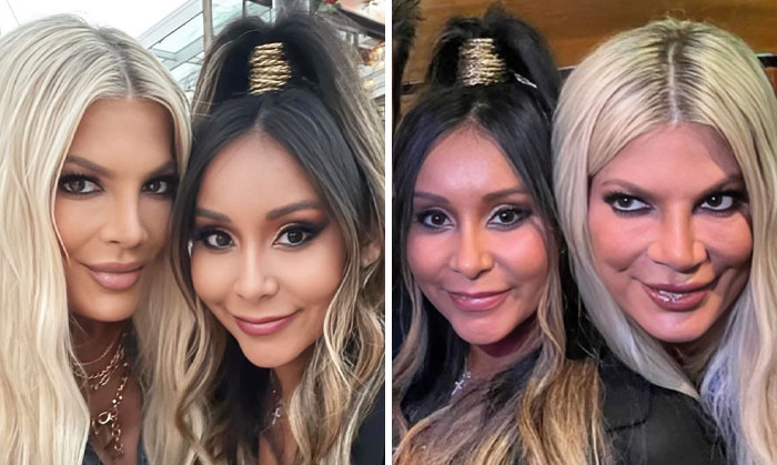 Comparación Instagram VS realidad con dos mujeres posando, mostrando diferencia clara entre foto editada y foto natural.