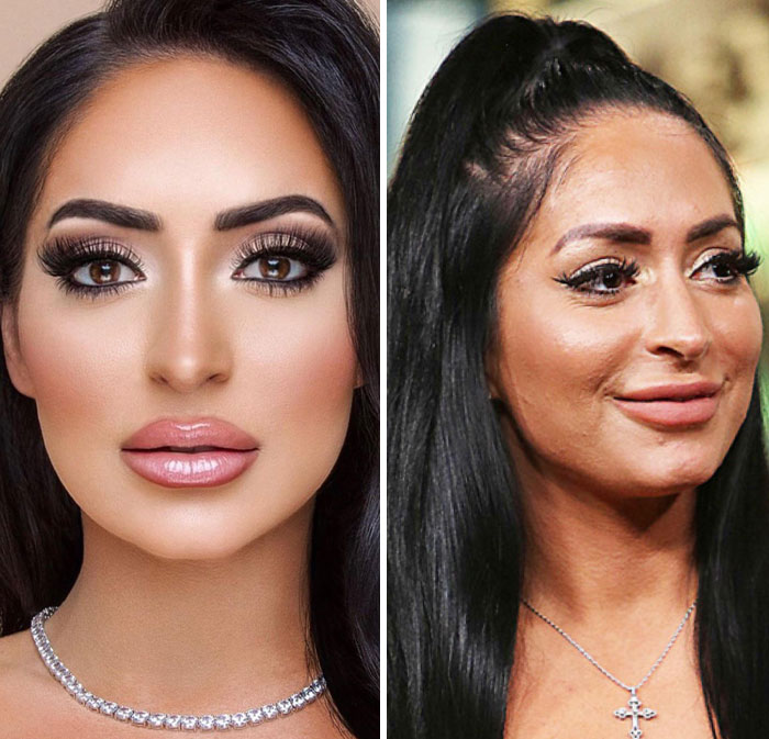 Comparación Instagram vs realidad mostrando diferencias en apariencia y maquillaje en dos mujeres en imágenes lado a lado.