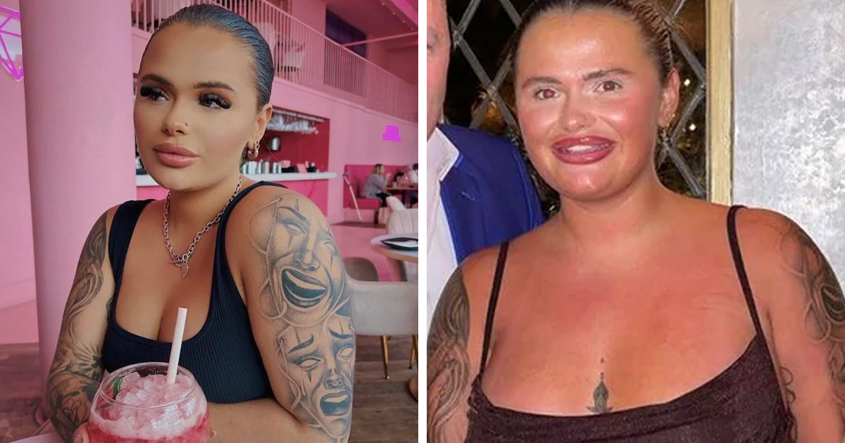 Mujer con tatuajes mostrando diferencia entre fotos de Instagram y la realidad con maquillaje y sin maquillaje.