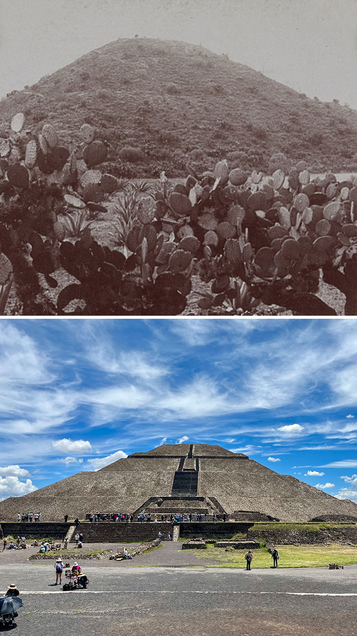 Fotos de antes y ahora mostrando la evolución histórica y cultural con la pirámide de Teotihuacán bajo el paso del tiempo