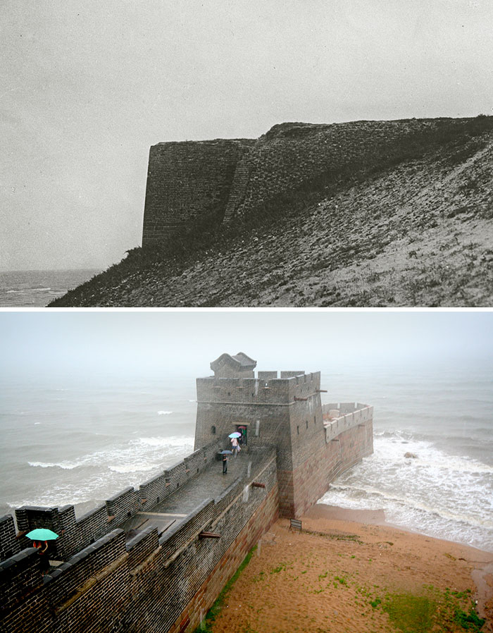 Fotos de antes y ahora mostrando la evolución de una antigua fortaleza junto al mar bajo distintas condiciones climáticas.