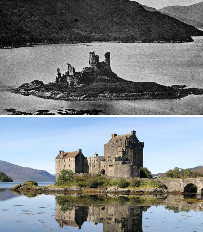 Fotos de antes y ahora mostrando el cambio del castillo en isla rodeada por un lago con montañas al fondo.