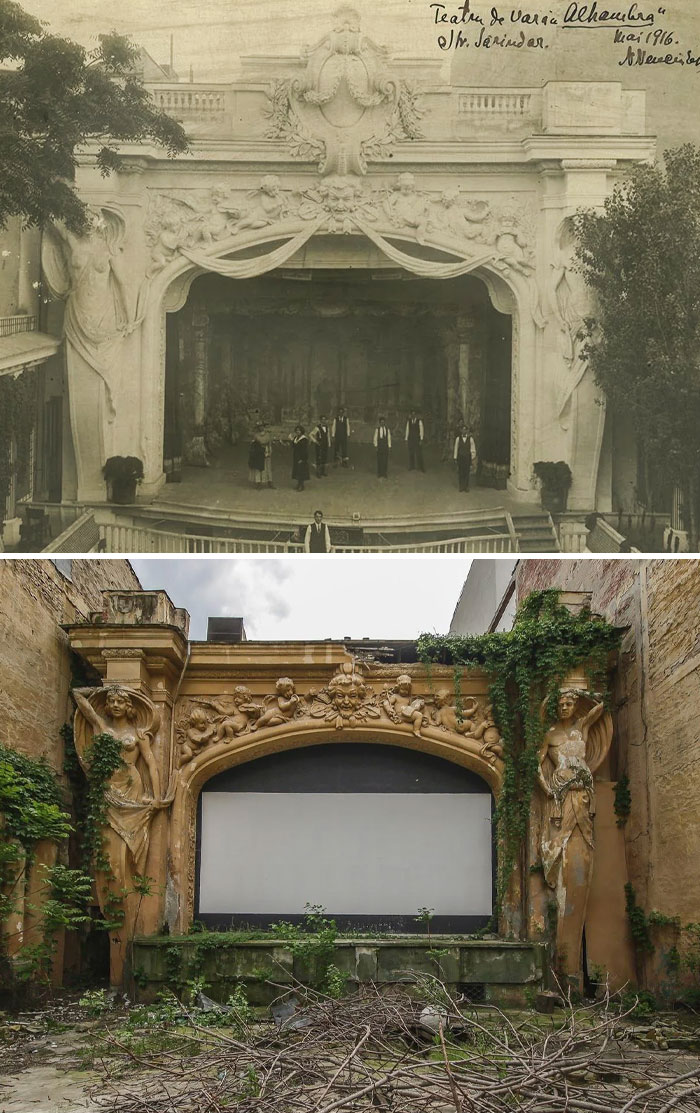 Fotos de antes y ahora del teatro abandonado mostrando el paso del tiempo y su deterioro evidente.