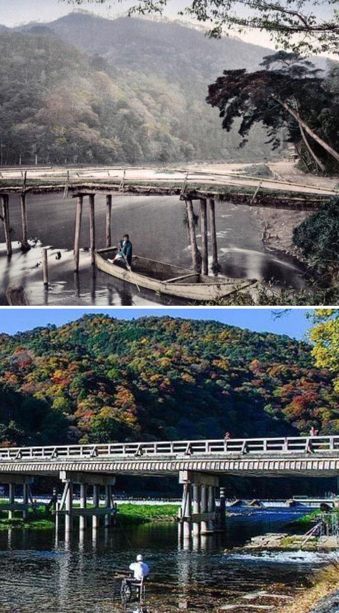 Comparación antes y ahora de un puente sobre un río rodeado de montañas, mostrando el paso del tiempo.