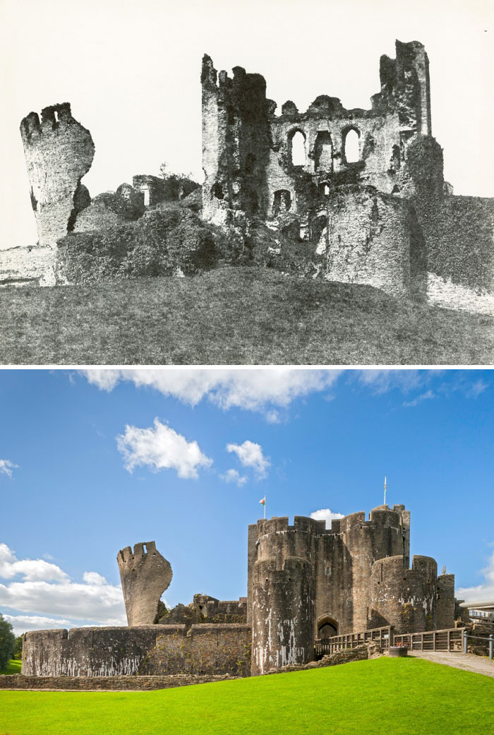 Castillo en fotos de antes y ahora mostrando el impacto del tiempo en su estructura y conservación histórica.