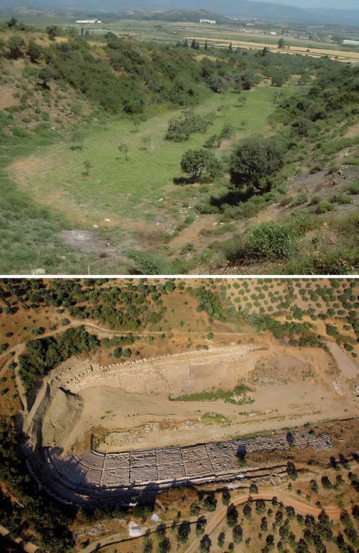 Vista aérea antes y después de una zona natural transformada en ruinas arqueológicas, fotos alucinantes de antes y ahora.
