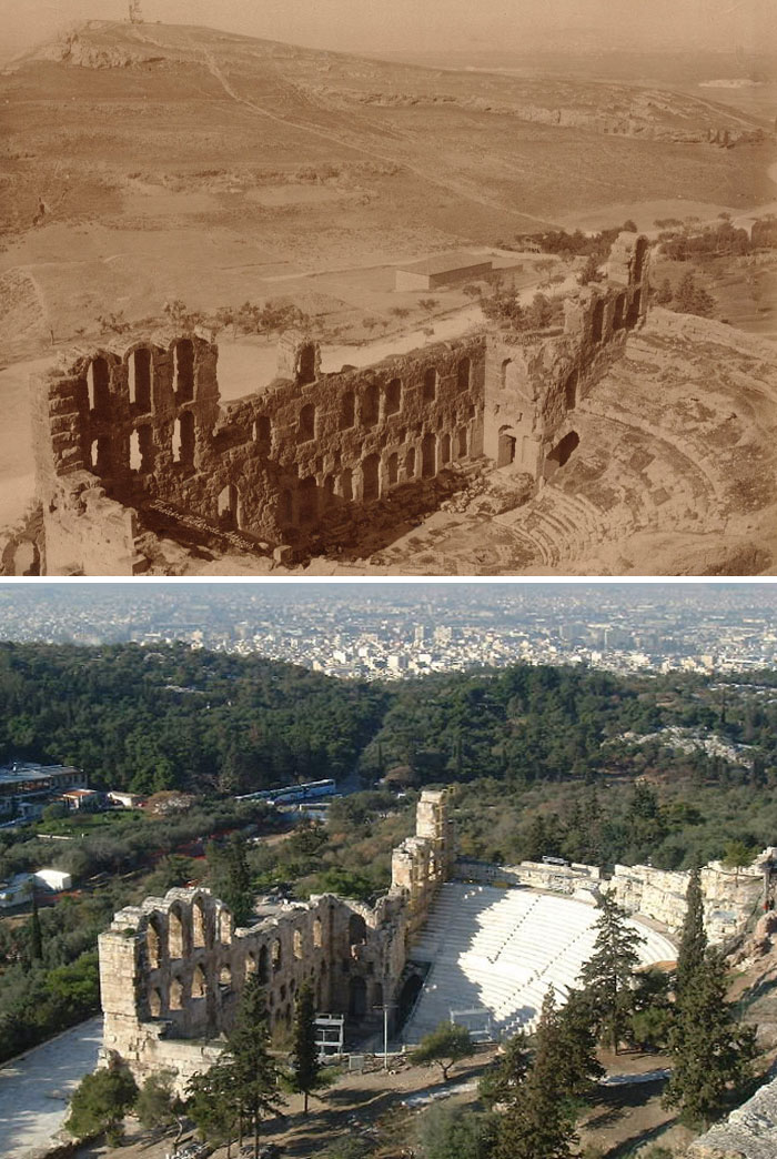 Ruinas antiguas y vistas modernas en una foto del antes y ahora mostrando el paso del tiempo y cambio histórico.