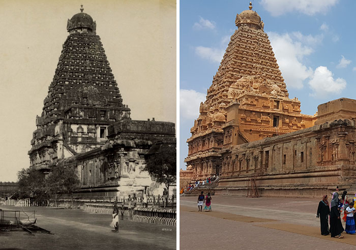Templo antiguo en fotos de antes y ahora mostrando cómo el tiempo no espera a nadie con cambios visibles en estructura y entorno.