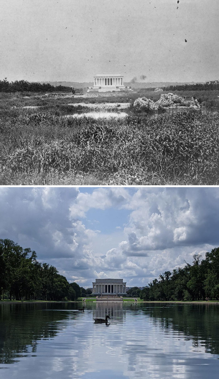 Fotos de antes y ahora del monumento Lincoln Memorial mostrando el paso del tiempo y cambios en el entorno natural.