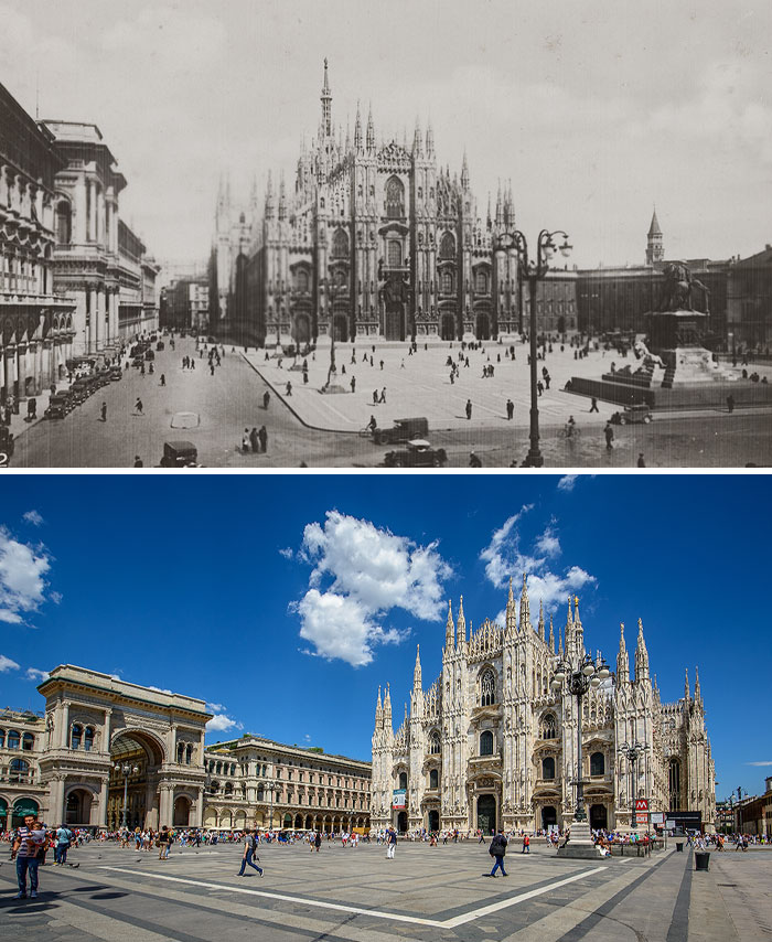 Comparación de fotos antes y ahora de la Catedral de Milán mostrando cómo el tiempo no espera a nadie.