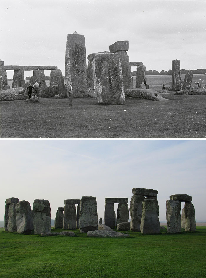 Fotos de antes y ahora de Stonehenge mostrando cambios en el tiempo y la preservación del monumento histórico.