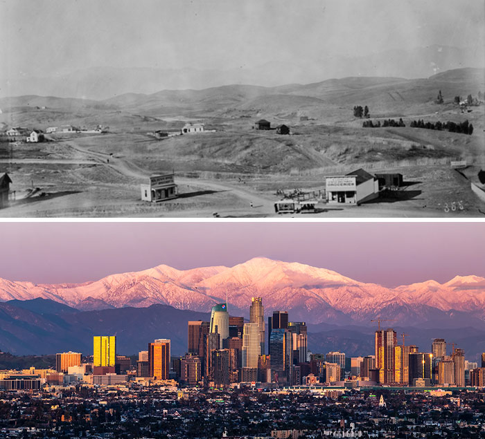Comparación de fotos de antes y ahora mostrando el impresionante cambio en el paisaje urbano con montañas al fondo.