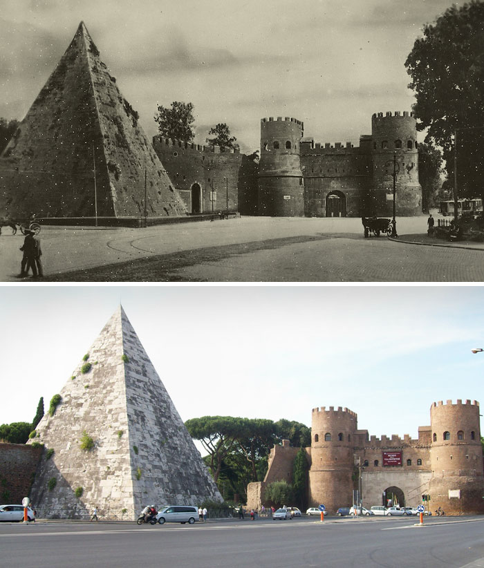 Fotos de antes y ahora mostrando el cambio del tiempo en monumentos históricos con la pirámide y murallas antiguas.