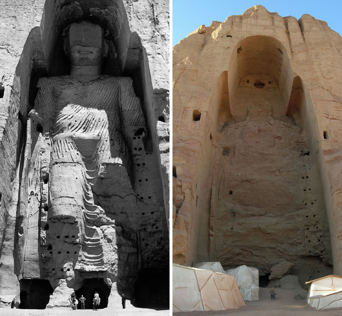 Estatua gigante antes y ahora mostrando el paso del tiempo en una antigua estructura arqueológica.