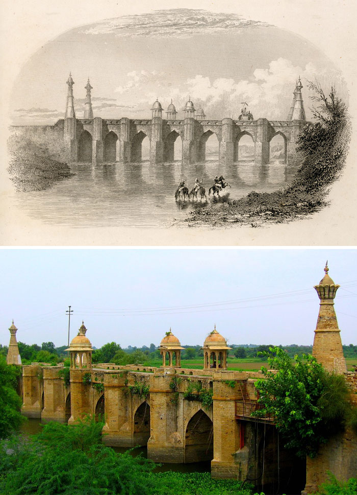 Fotos antes y ahora de un puente histórico que muestra el paso del tiempo y cambios en el entorno natural y construido.