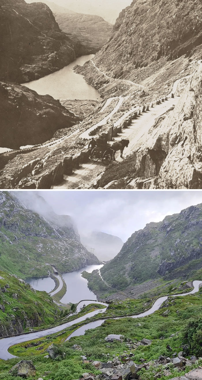 Carretera de montaña en fotos de antes y ahora mostrando cambios con el paso del tiempo en el paisaje.