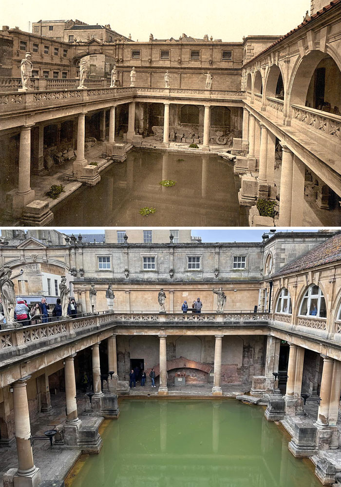 Fotos de antes y ahora del famoso baño romano de Bath mostrando el paso del tiempo en la arquitectura histórica.