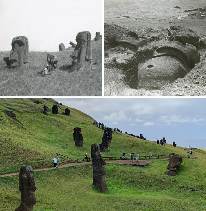 Fotos antes y ahora de estatuas moái en Isla de Pascua mostrando que el tiempo no espera a nadie