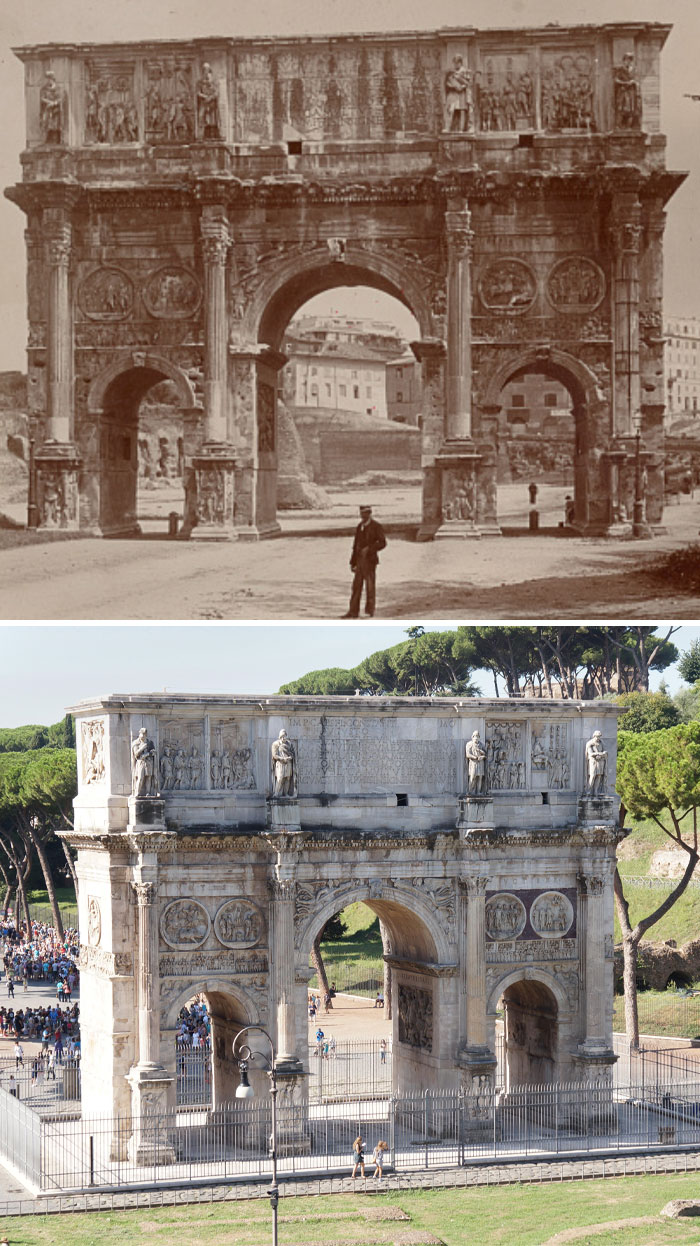 Arco romano retratado en fotos de antes y ahora mostrando el paso del tiempo y su conservación histórica.