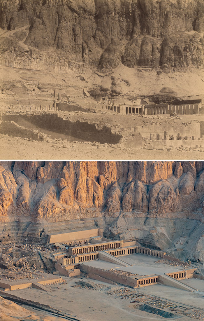 Fotos de antes y ahora del templo de la reina Hatshepsut, mostrando el paso del tiempo y la conservación histórica.