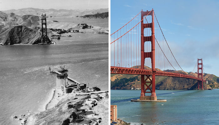Imagen comparativa antes y ahora del puente Golden Gate en construcción y su apariencia actual, mostrando el paso del tiempo.