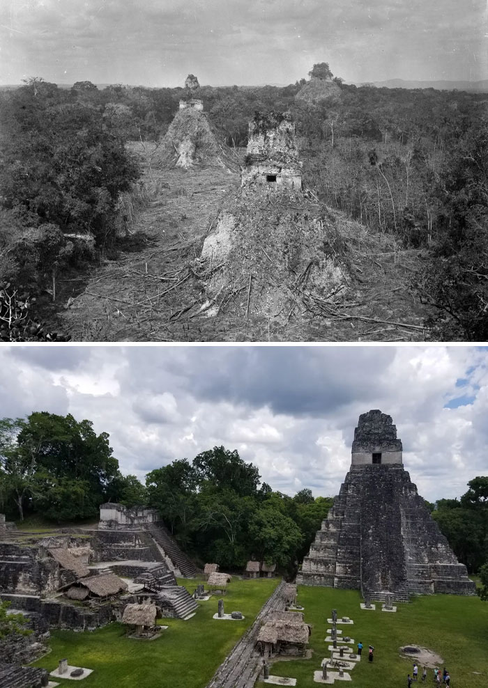 Vista antes y ahora de ruinas arqueológicas mayas entre la selva, mostrando el paso del tiempo y la conservación histórica.