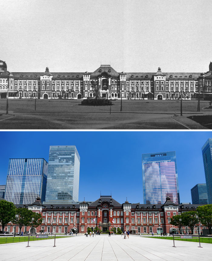 Comparación antes y ahora de un edificio histórico rodeado de modernos rascacielos en una ciudad avanzada.