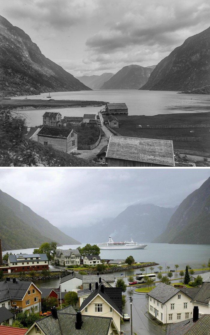 Vista antes y ahora de un pueblo junto al fiordo con cambios en arquitectura y transporte, fotos para mostrar que el tiempo no espera.